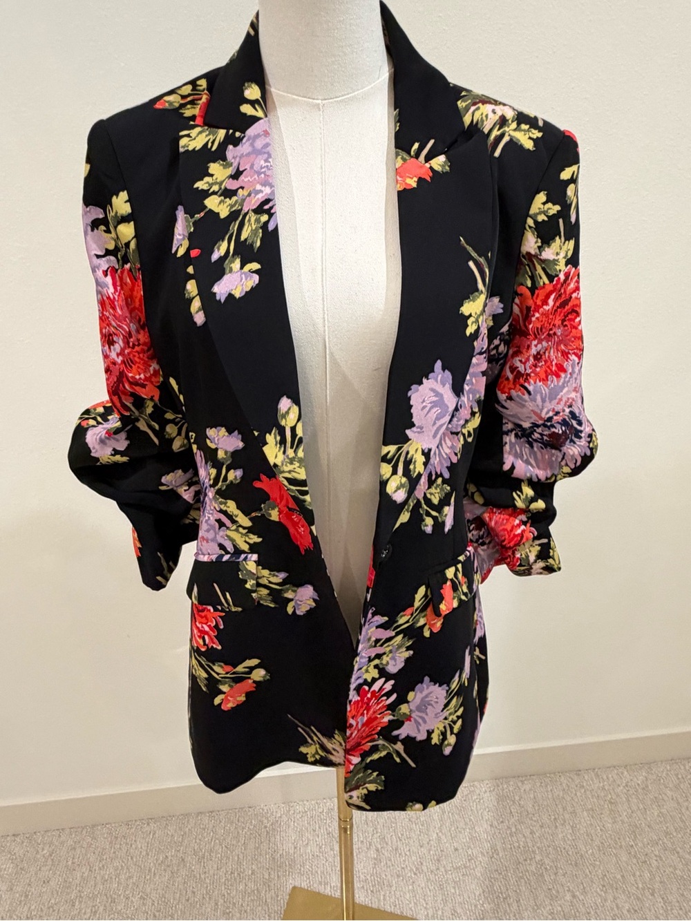 cinq a sept Black Floral Blazer with Red & Lavender Blooms
